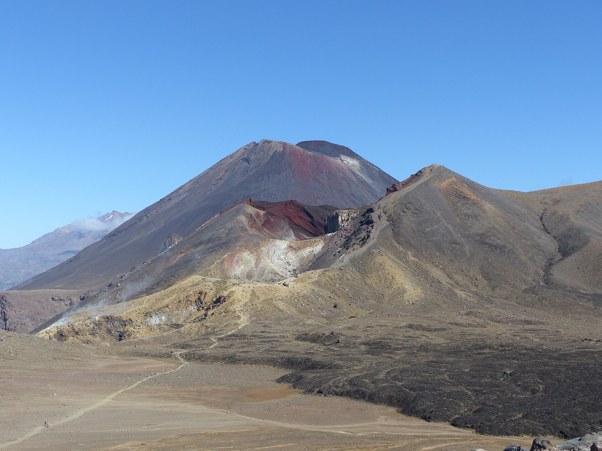 The symmetrical cone of Ngauruhoe rising beyond the flat floor of Central Crater, with the red rim of Red Crater below it