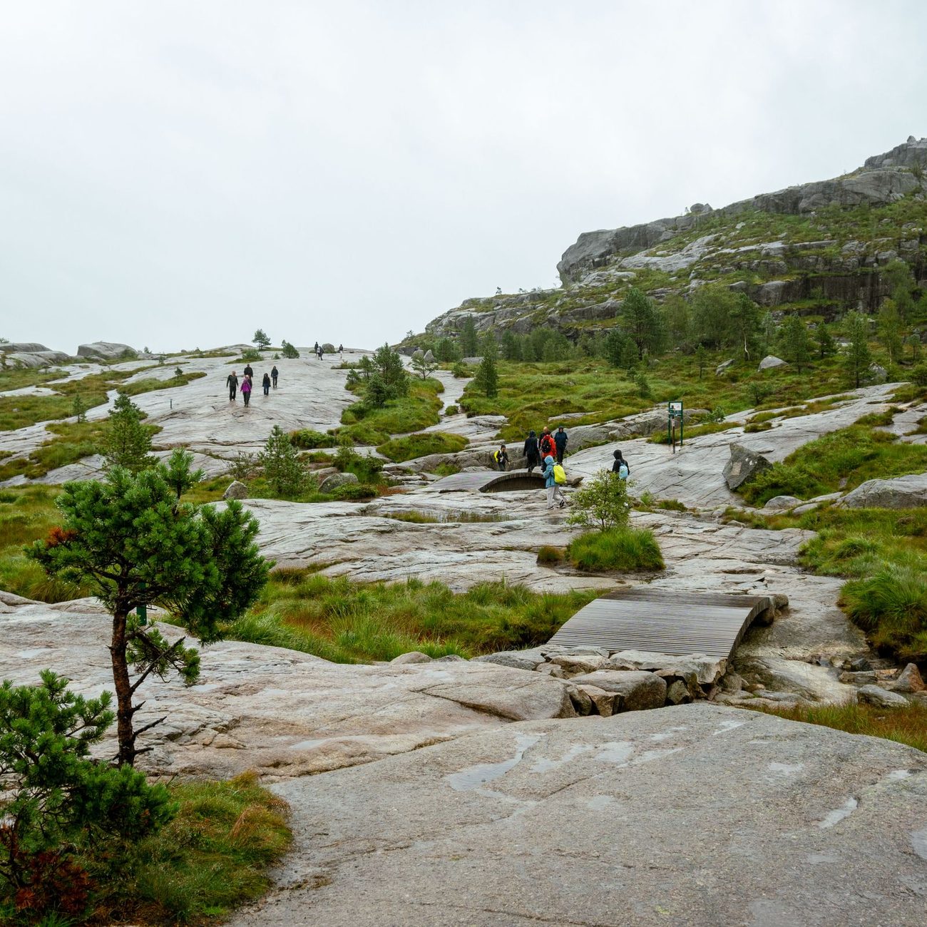 Walkers crossing bare granite and a stretch of boardwalk on the Preikestolen trail