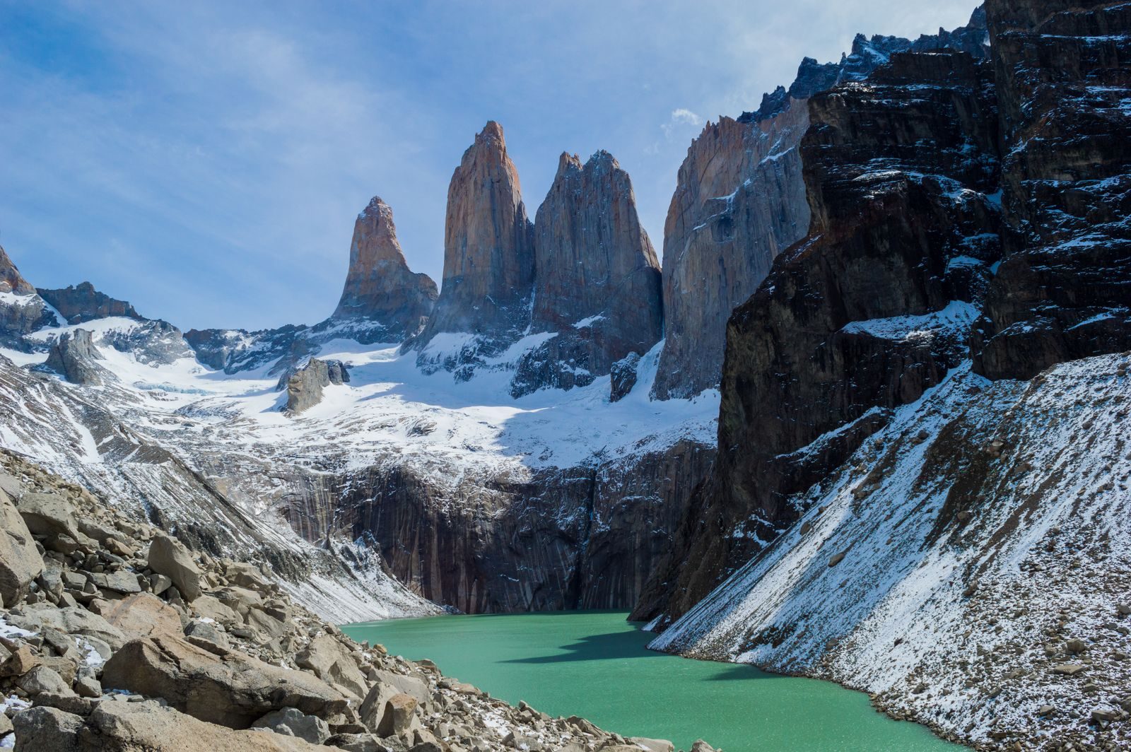 The three granite towers above their lake at Mirador Base Torres