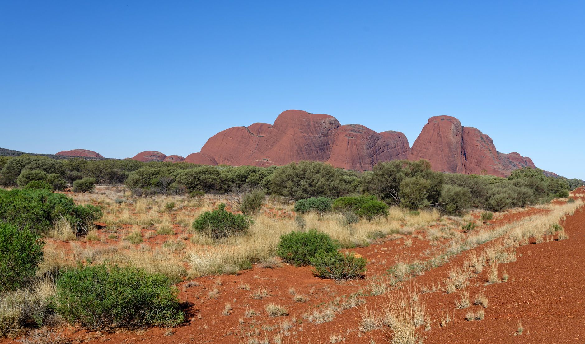 The rounded red domes of Kata Tjuta rising beyond desert scrub and a red sand track