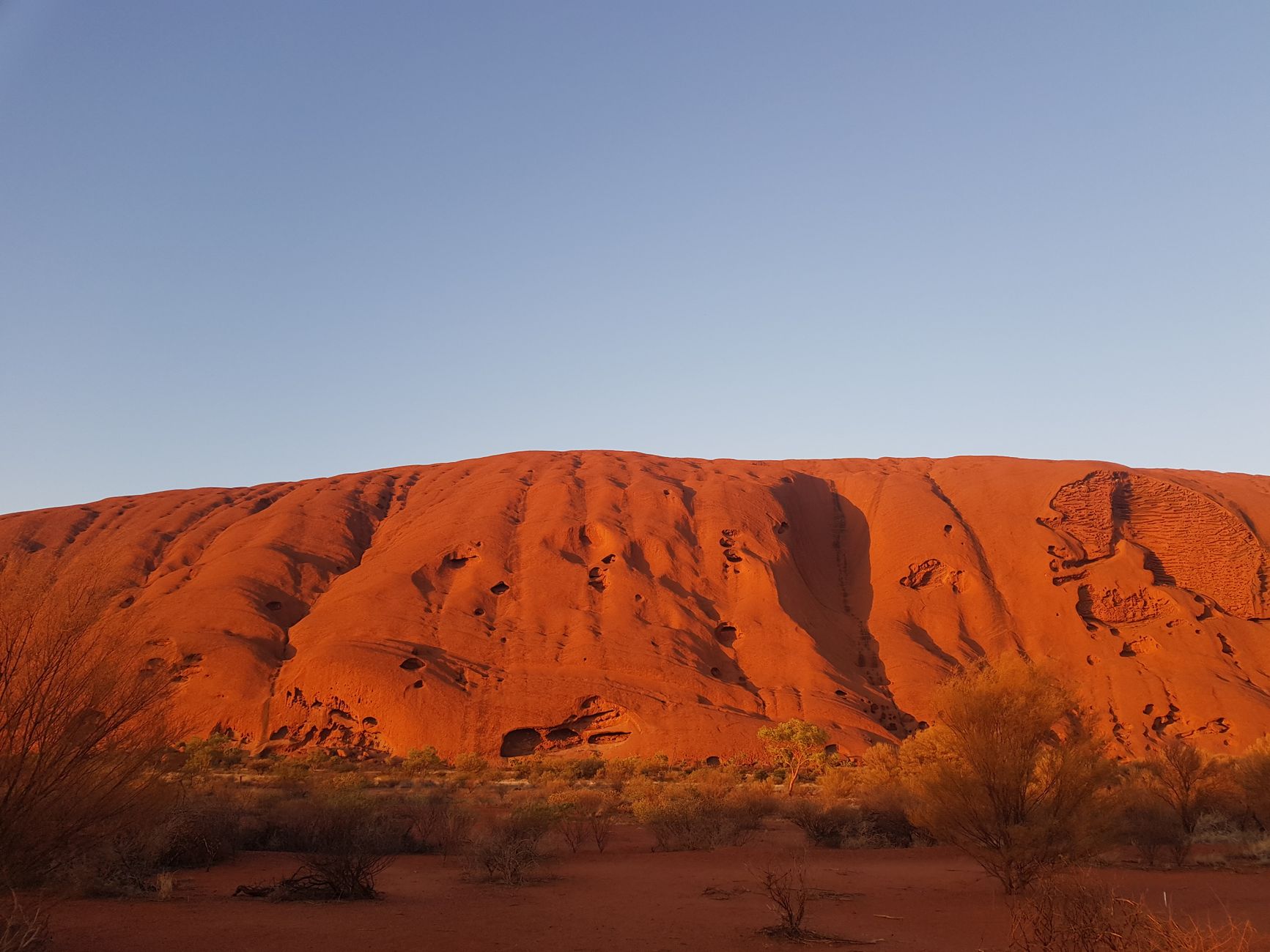 Uluru lit deep red-orange by low sun, its vertical flutes and gullies picked out in shadow above desert scrub