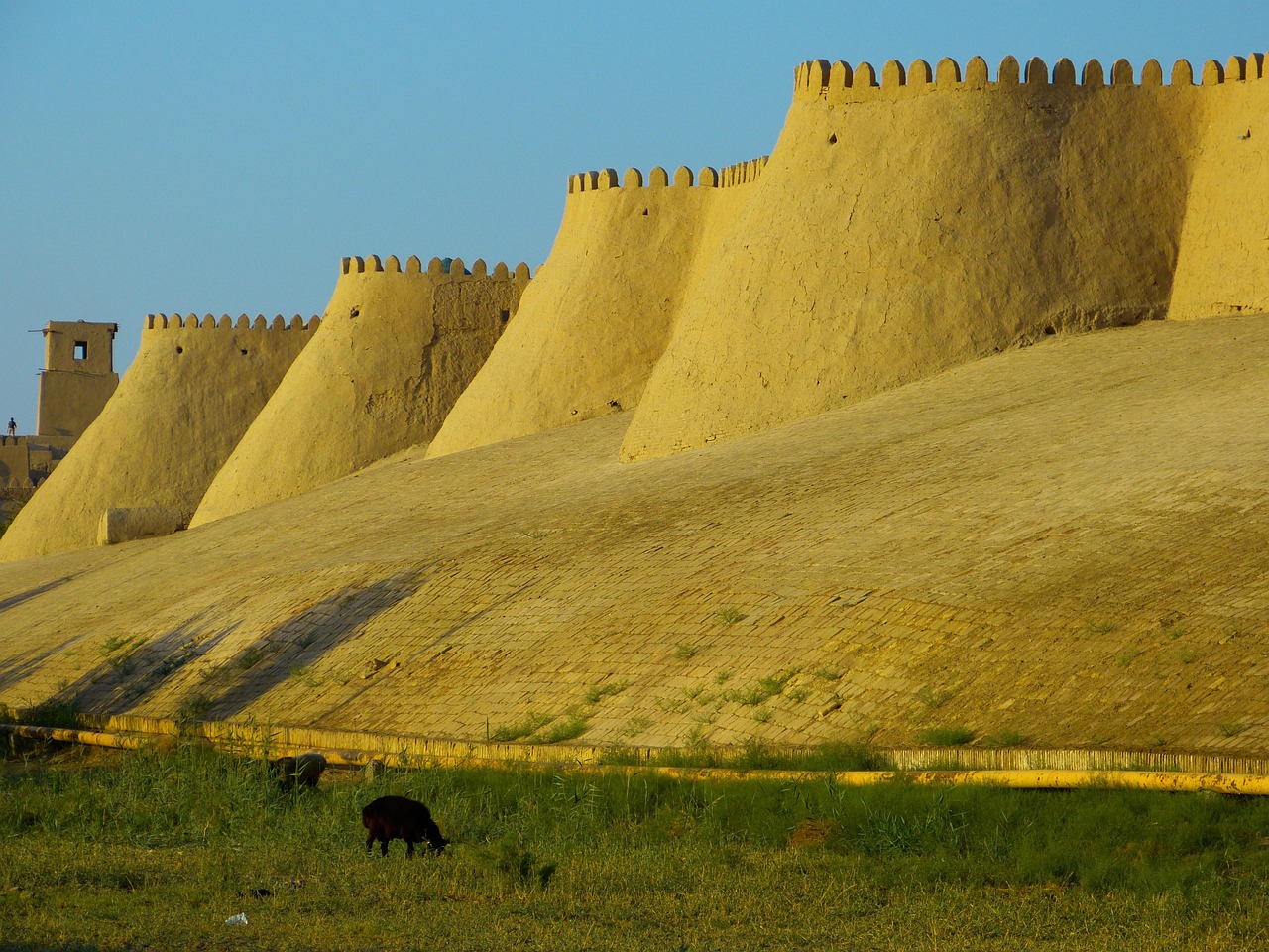 The mud-brick city walls of Khiva glowing gold in late afternoon light