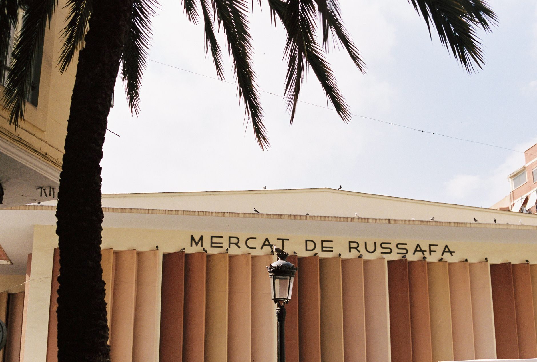 The front of the Ruzafa market hall, with a palm tree and a street lamp in the sun
