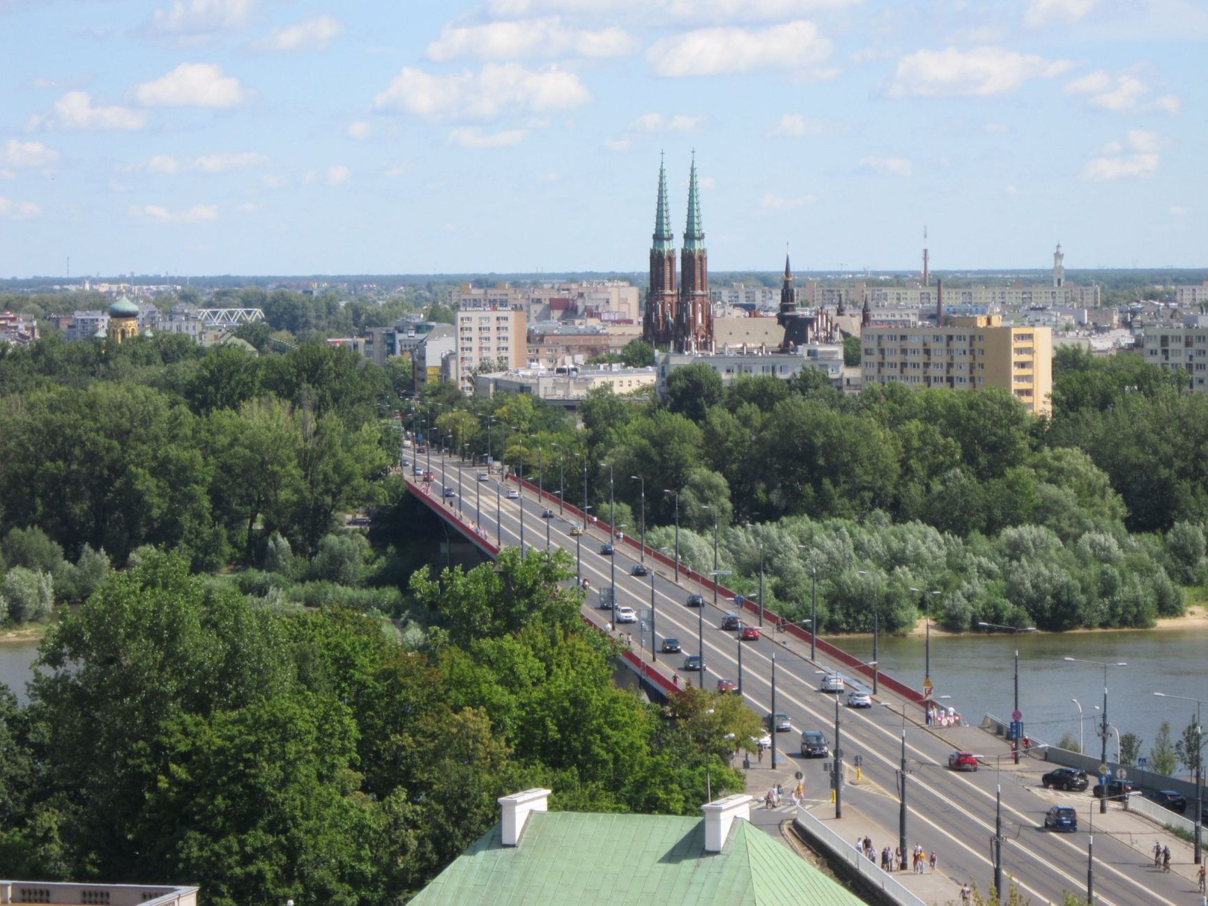 View from Warsaw's left bank over a bridge across the Vistula to Praga and the twin spires of St Florian's