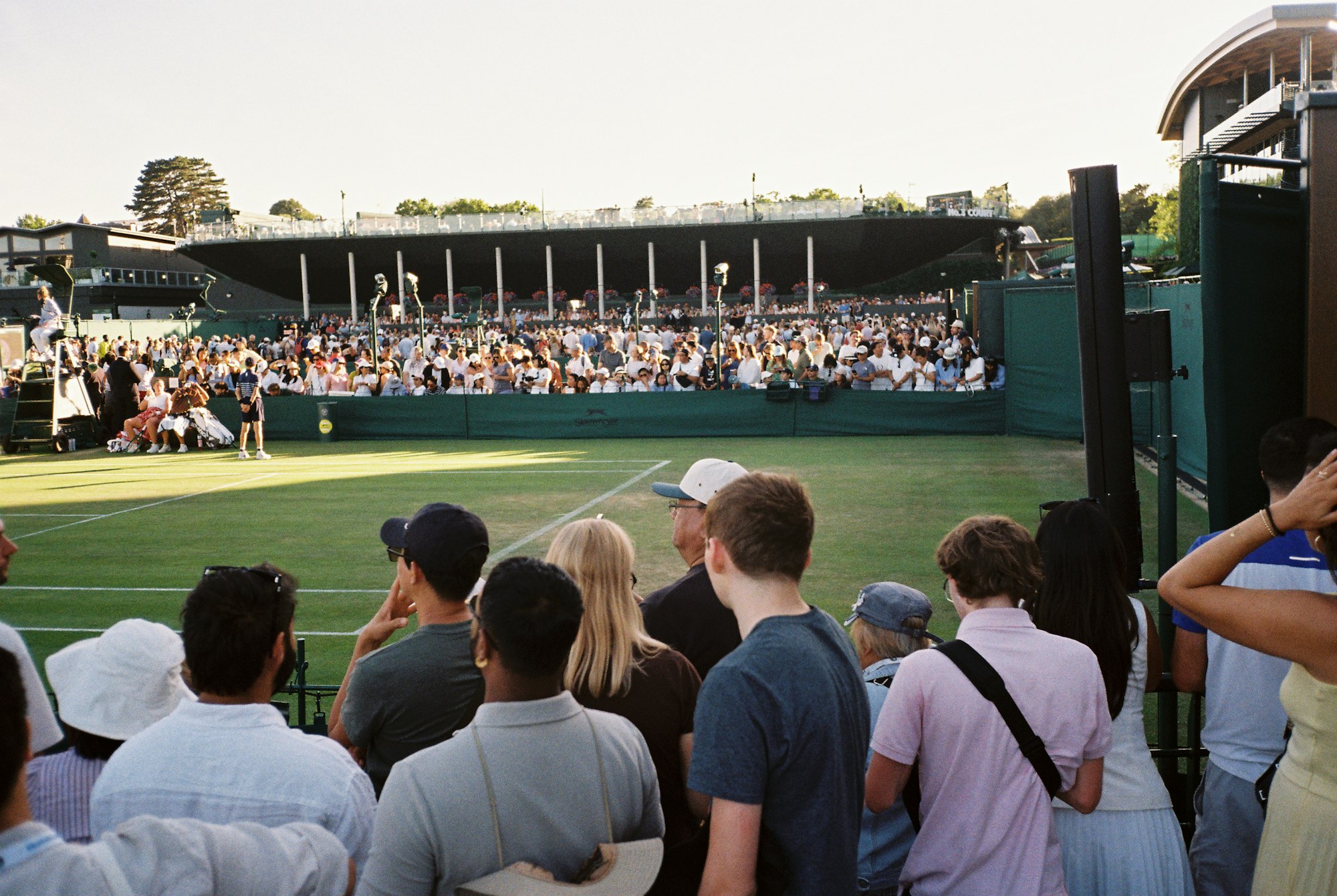 A crowd of spectators on the grassy bank at Wimbledon