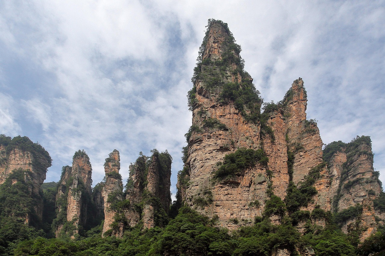 Sandstone pillars seen from the valley floor in Zhangjiajie National Forest Park
